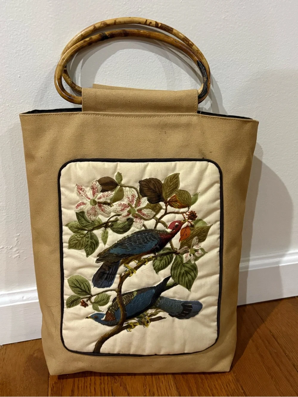 Vintage Heirloom Designs tote bag with bamboo handles